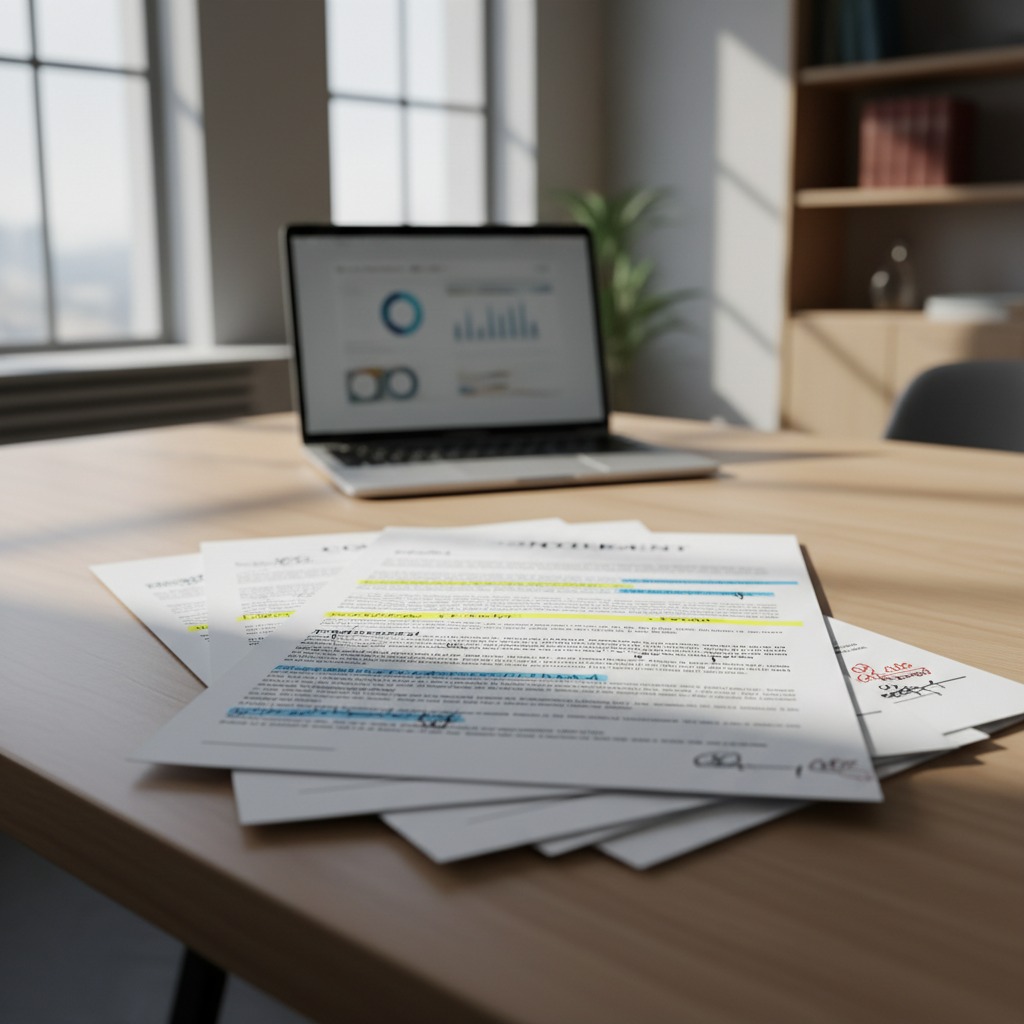 A stack of highlighted documents lies on a wooden desk in front of a laptop displaying business charts.